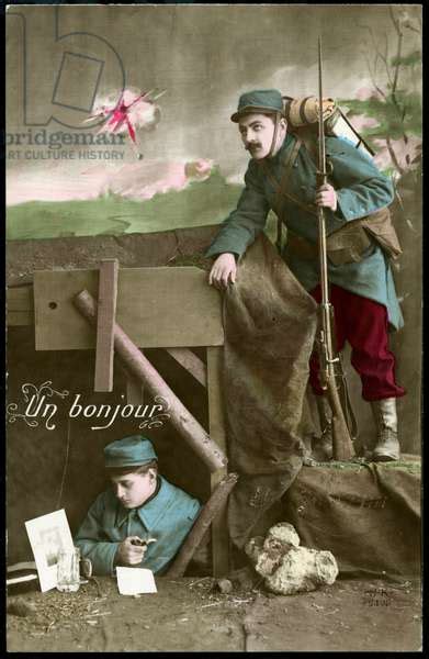 First World War France Patriotic Map Showing Two Soldiers In A Bucolic Trench One Rising