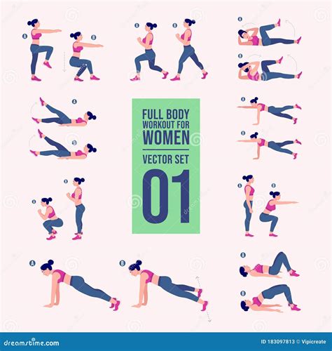 Woman Full Body Workout Fitness Aerobic And Exercises Set Vector
