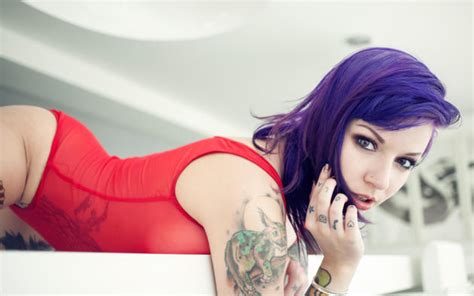 Wallpaper Rebecca Crow Katherine Suicide Girls Tattoo Big Tits Purple Hair Red Lingerie