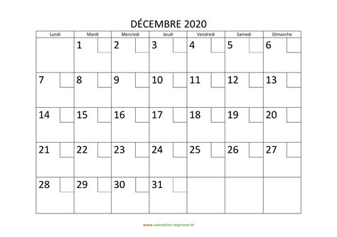 Calendrier Décembre 2020 à Imprimer