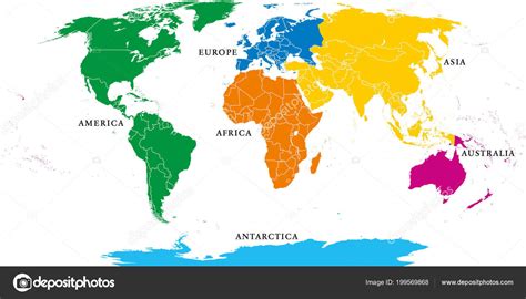 Six Continents Political World Map Borders Africa America Antarctica