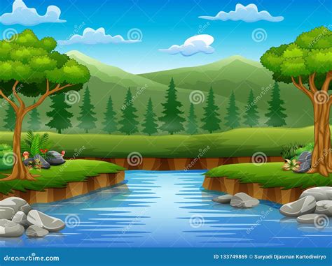 View Of The Beautiful Park By The River With A Mountainriver Cartoons