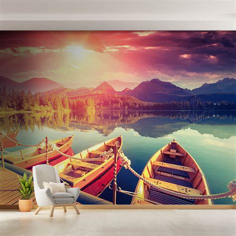 Green Alpine Mountains And Boats In The Lake Wall Mural