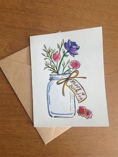 Colored Pencil And Pen Girls Birthday Card Flowers In A Vase
