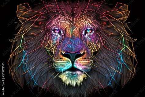 Geometric Cyberdelic Lion Head Neon Effect Glowing With The Face In A
