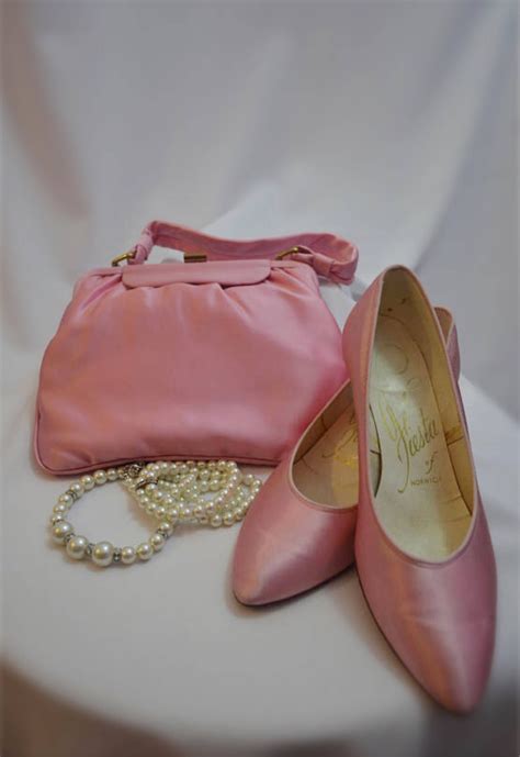 Pink Satin Matching Vintage Shoes And Handbag With Original Mirror And