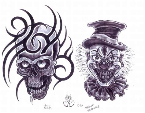 Black Ink Skull And Clown Tattoo Design Clown Tattoo Tattoo Designs