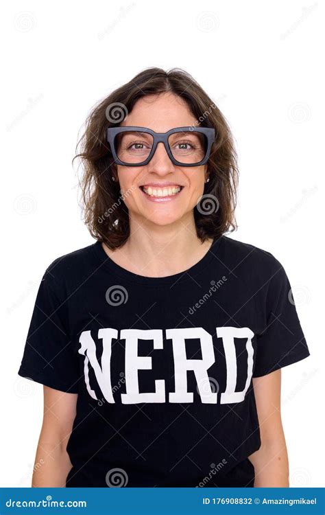Portrait Of Happy Beautiful Nerd Woman With Eyeglasses Smiling Stock