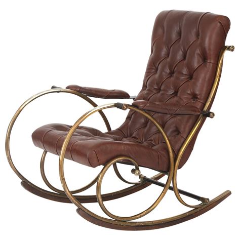 Leather Brass And Wood Rocking Chair By Woodard For Sale At 1stdibs
