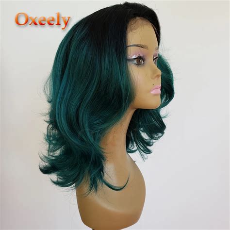 Oxeely Short Wavy Green Hair Wig Bob Ombre Synthetic Lace Front Wigs