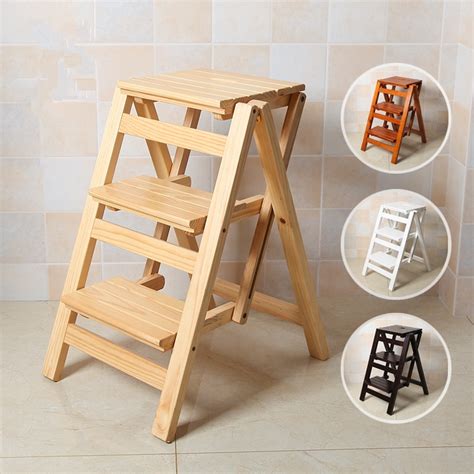Multi Functional Wood Step Stool Folding 3 Tier For Kitchen Office