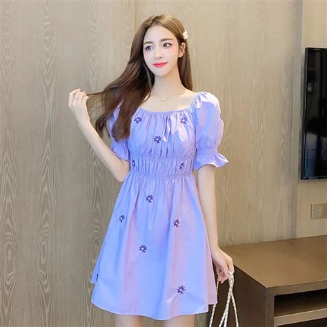 Floral Dress Women Summer 2020 Korean Style Square Collar Puff Sleeve Elastic Waist Embroidery