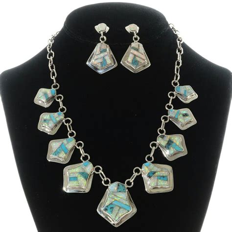 Opal Turquoise Silver Necklace Set Inlaid Post Drop Earrings