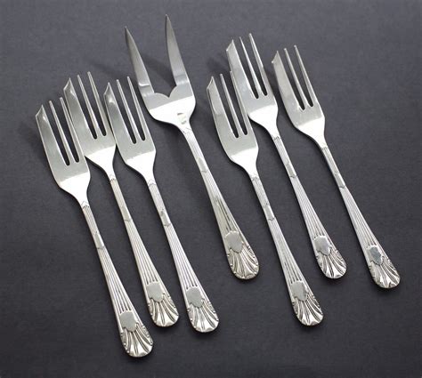 Art Deco Silver Plate Dessert Cake 6 Forks Set 1 Large Serving Fork