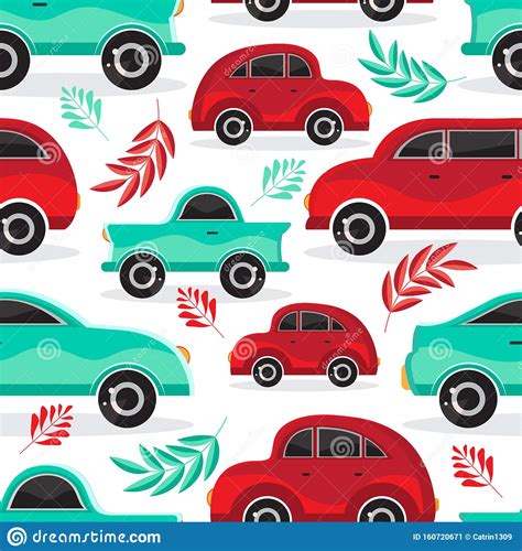 Seamless Pattern Of Green And Red Cartoon Car In Flat Vector Transport
