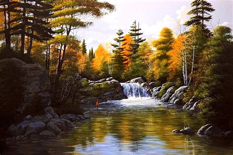 Autumn Waterfall Fishing Attractions In Dreams Forests Paintings