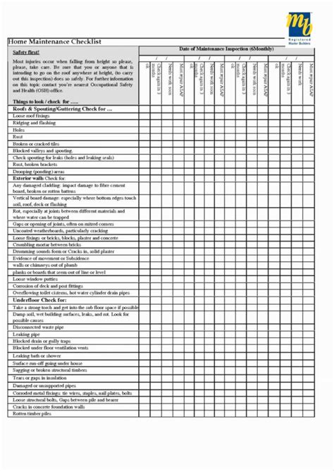 Preventive Maintenance Spreadsheet For Hotel Maintenance Checklist