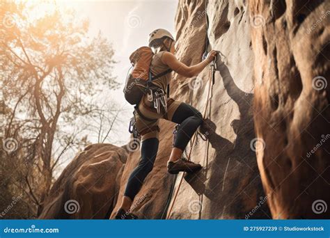 Rock Climber Scaling Vertical Wall With Backpack And Ropes Visible