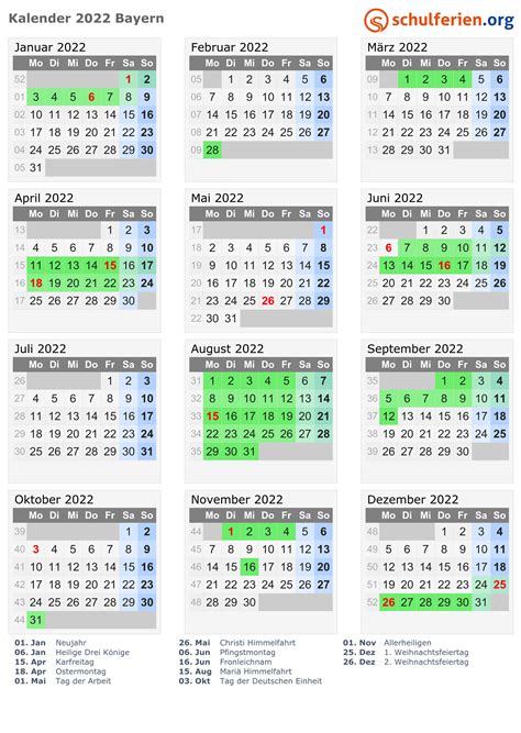 Kalender 2022 Ferien Bayern Feiertage