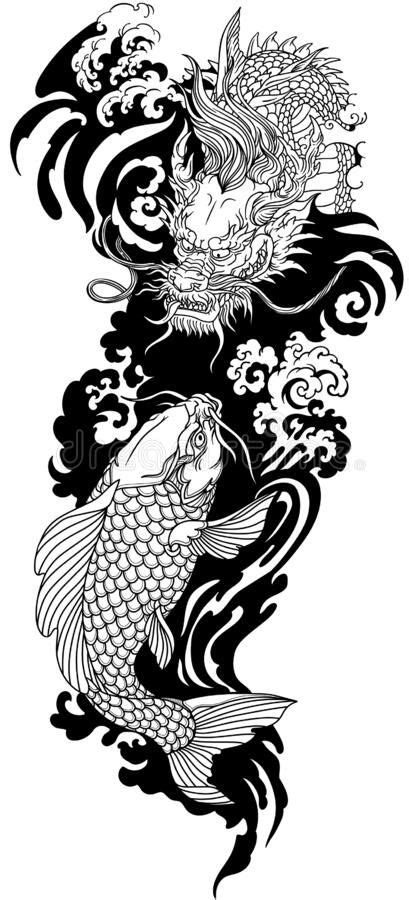 Two Koi Fish Swimming In The Water With Waves And Clouds Around Them Royalty Illustration