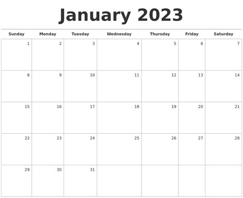 January 2023 Blank Monthly Calendar