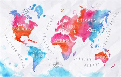Watercolor World Map Pink Blue — Stock Vector 54766061