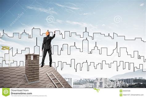 Man Architect Draw Silhouette Of Modern City On Blue Sky Mixed Stock