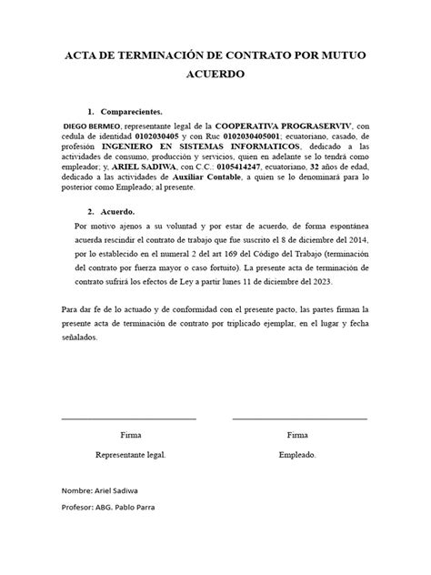 Acta De TerminaciÓn De Contrato Por Mutuo Acuerdo 20 Pdf