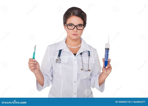 Beautiful Woman Doctor With Syringe Scalpel And Stethoscope Isolated