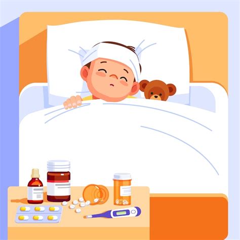Premium Vector Sick Boy Sleep In Bed With A Teddy Bear And Feel So