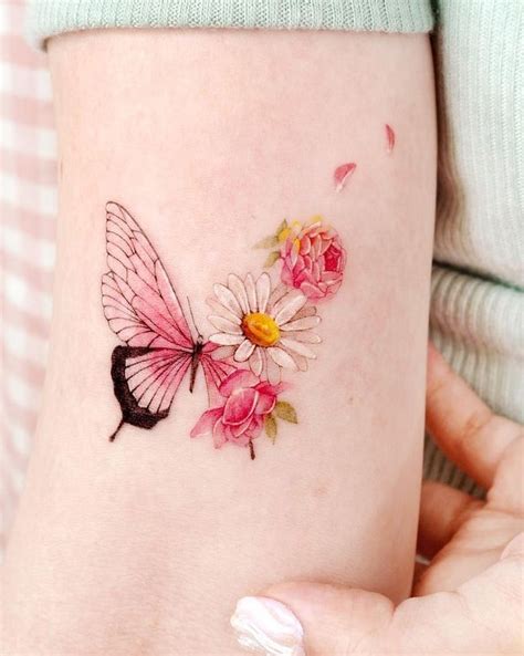 Flower And Butterfly Tattoos On Shoulder