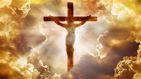 Jesus Cristo Crucificado Na Cruz No Céu Dourado