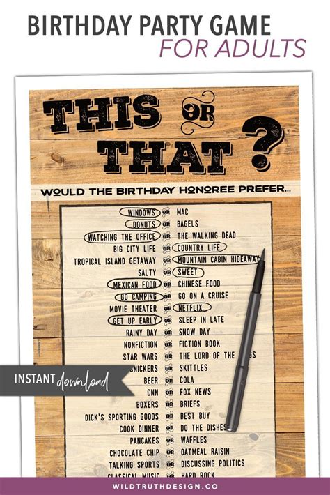 Would They Rather Adult Birthday Game This Or That Adult Party Game Gender Neutral