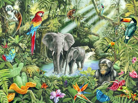 An Image Of A Jungle Scene With Animals And Birds