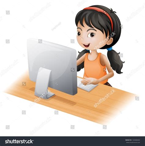 Illustration Young Girl Using Computer On Stock Vector 134468462