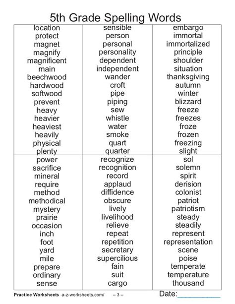 List Of 5th Grade Spelling Words