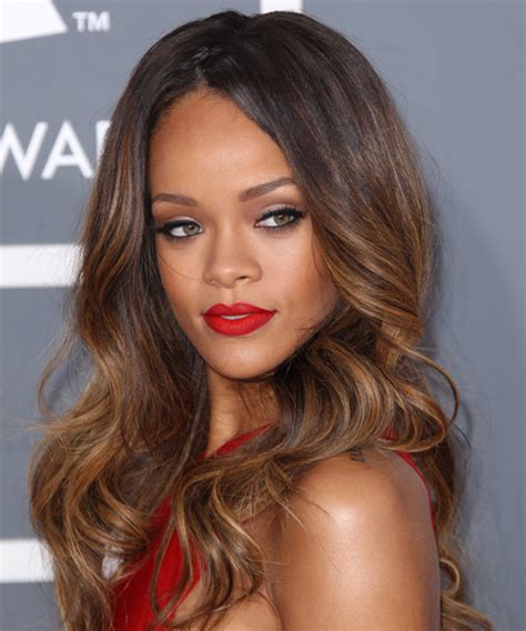 Rihanna Long Wavy Formal Hairstyle Dark Caramel Brunette And Brunette