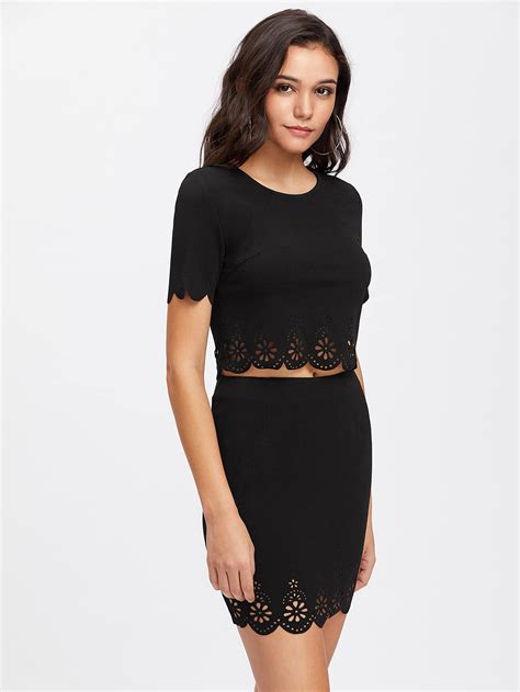 Scallop Laser Cut Textured Crop Top And Skirt Set Sheinsheinside