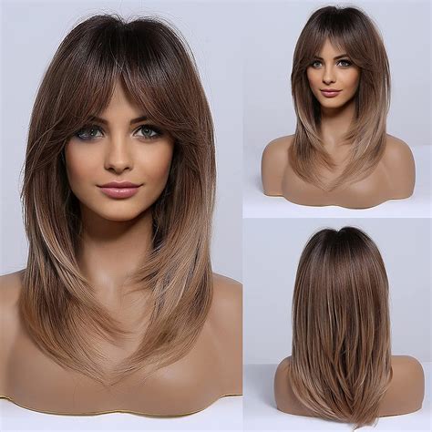 Haircube Long Layered Wigs For Women Synthetic Hair Wig With Bangs Ombre Brown To Blonde With