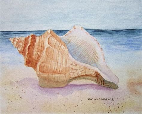 Original Sea Shell Watercolor Painting Art Conch Beach Landscape