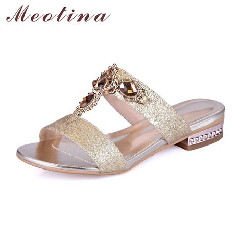Meotina Shoes Women Sandals Summer Rhinestone Ladies Slippers Open Toe Low Heel Slides Crystal