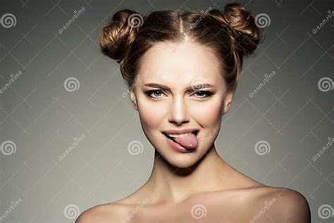 Emotional Girl Beautiful Modern Model Shows Tongue Positive Woman Hipster Emotions On Face