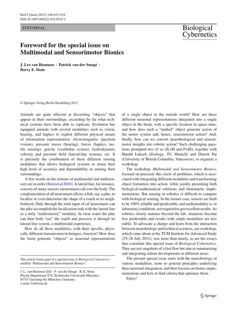 Pdf Foreword For The Special Issue On Multimodal And Sensorimotor Bionics