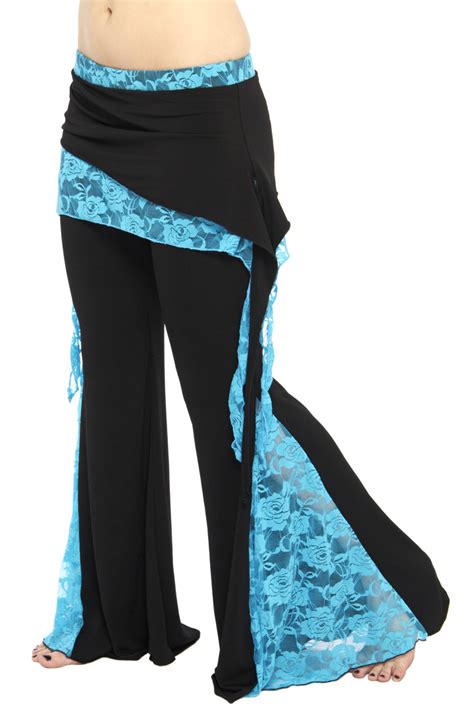 Tribal Fusion Belly Dance Pants With Lace Accents In Black And Blue Turquoise
