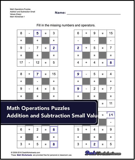 Number Grid Puzzles Addition And Subtraction With Missing Values