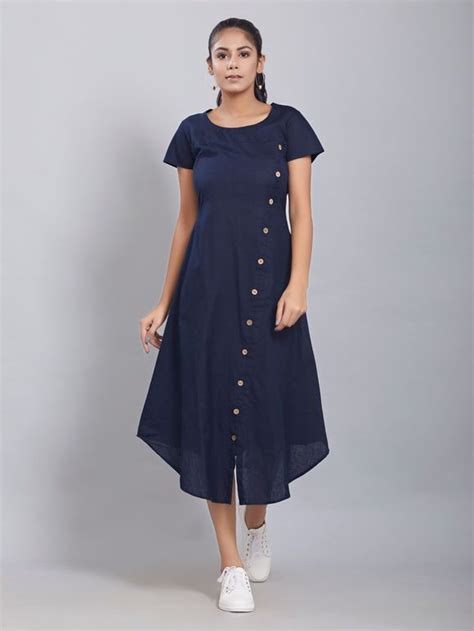 Navy Blue Cotton Linen High Low Dress Ladies Frock Design Frock For Women Casual Frocks