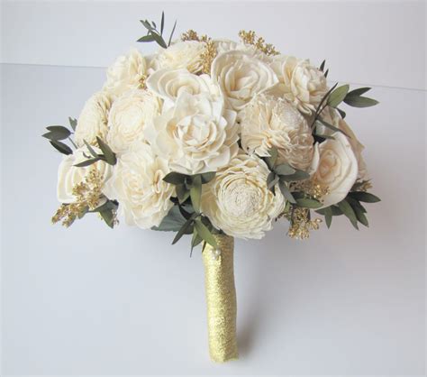 Large Ivory And Gold Bridal Bouquet Brides Flowers Keepsake Wedding