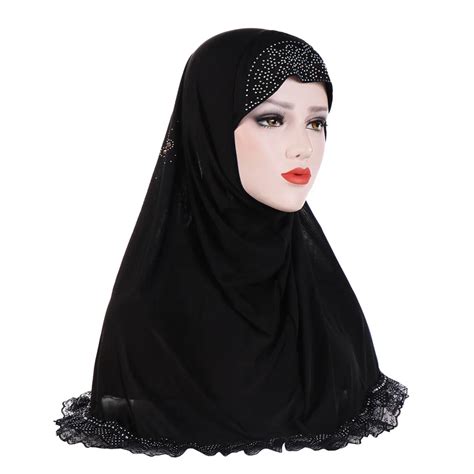 Women Lace Drill Rhinestones Hijabs Scarf Muslim Sticker Headscarf Beanies Turban Arab Caps Hats