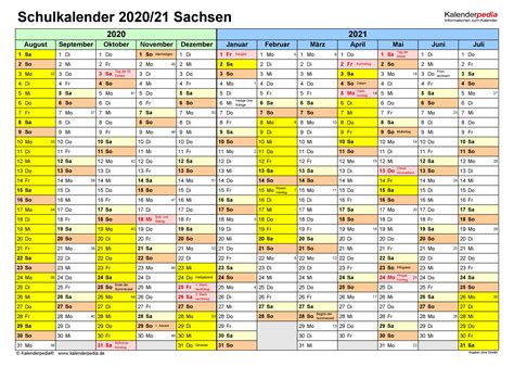 Es geht um die schönste zeit im schuljahr: Schulkalender 2020/2021 Sachsen für PDF