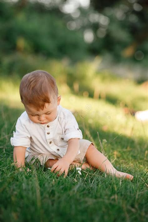 Happy Adorable Baby Boy Sitting On The Grass In The Park On Summer Day
